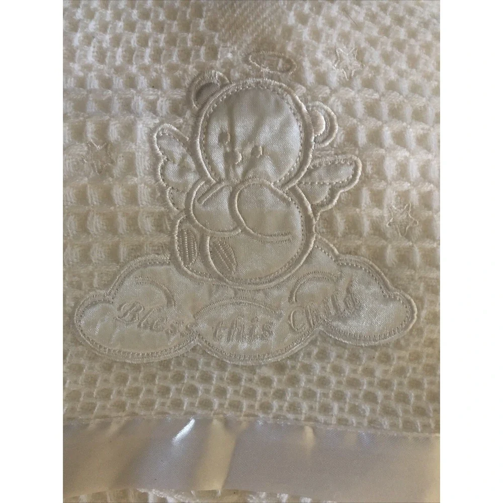 New Little Beginnings Baby blanket Waffle weave satin trim Bless this Child